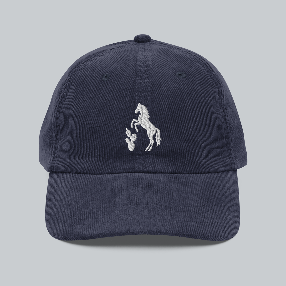 Tech Tool Texas Corduroy Cap in Navy, front view, white embroidered horse and prickly pear emblem | Color: Navy