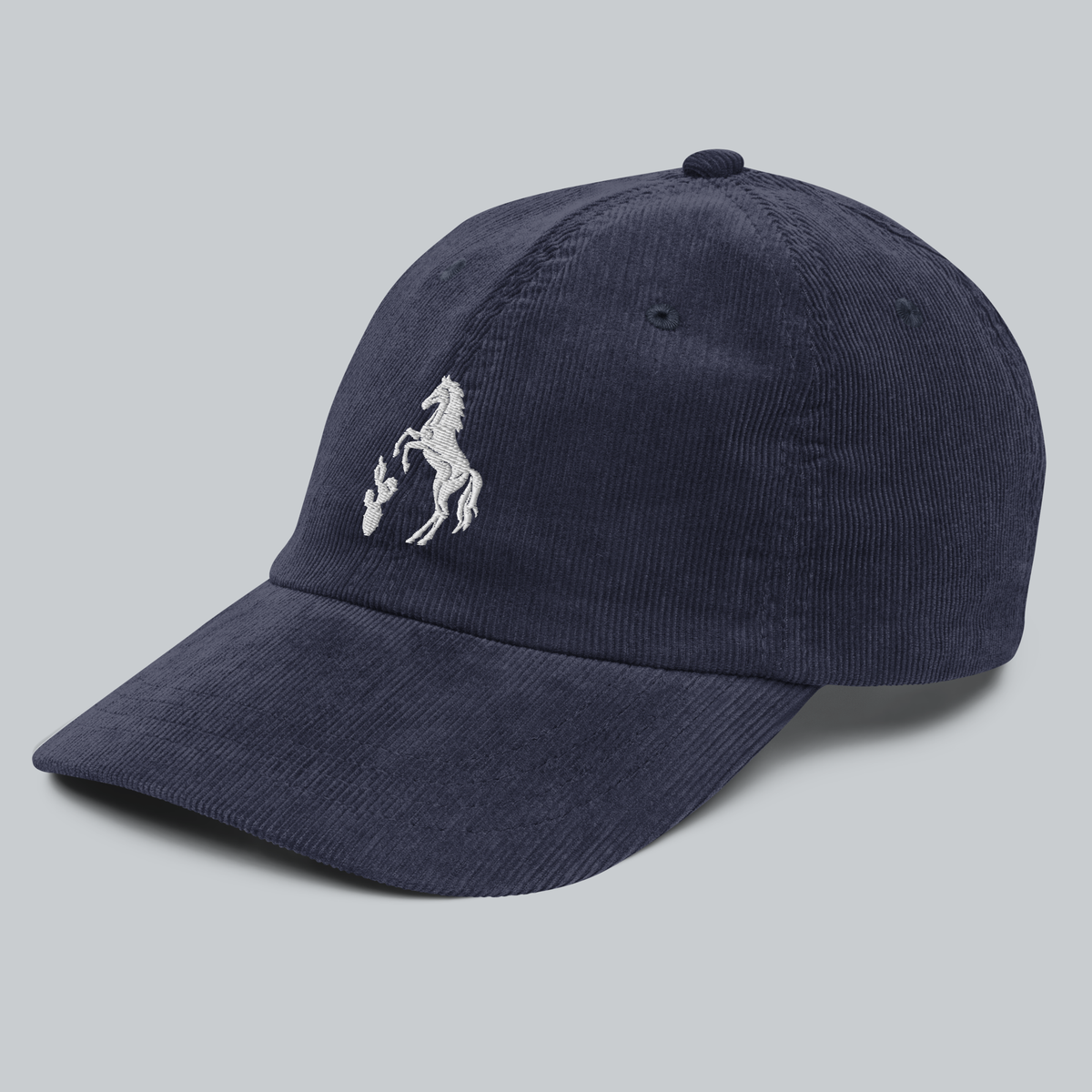 Tech Tool Texas Corduroy Cap in Navy, left front view, white embroidered horse and prickly pear emblem | Color: Navy