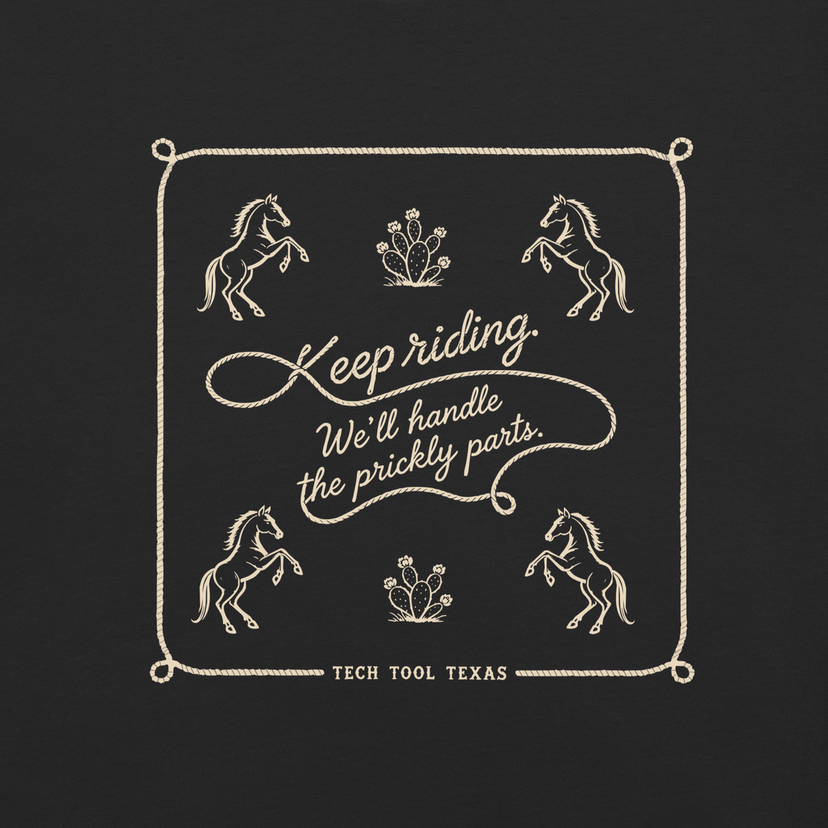 Tech Tool Texas Keep Riding framed back print detail on Black cotton, complete original rope frame | Color: Black