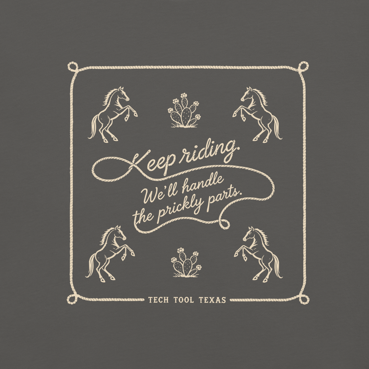 Tech Tool Texas Keep Riding framed back print detail on Pepper cotton, complete original rope frame | Color: Pepper
