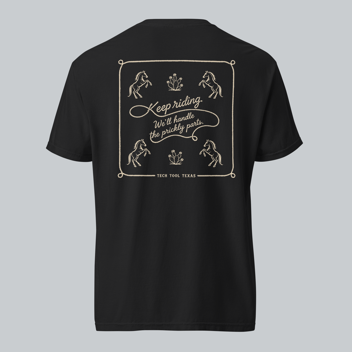 Tech Tool Texas keep riding framed tee in black, full back view with approved original artwork | Color: Black