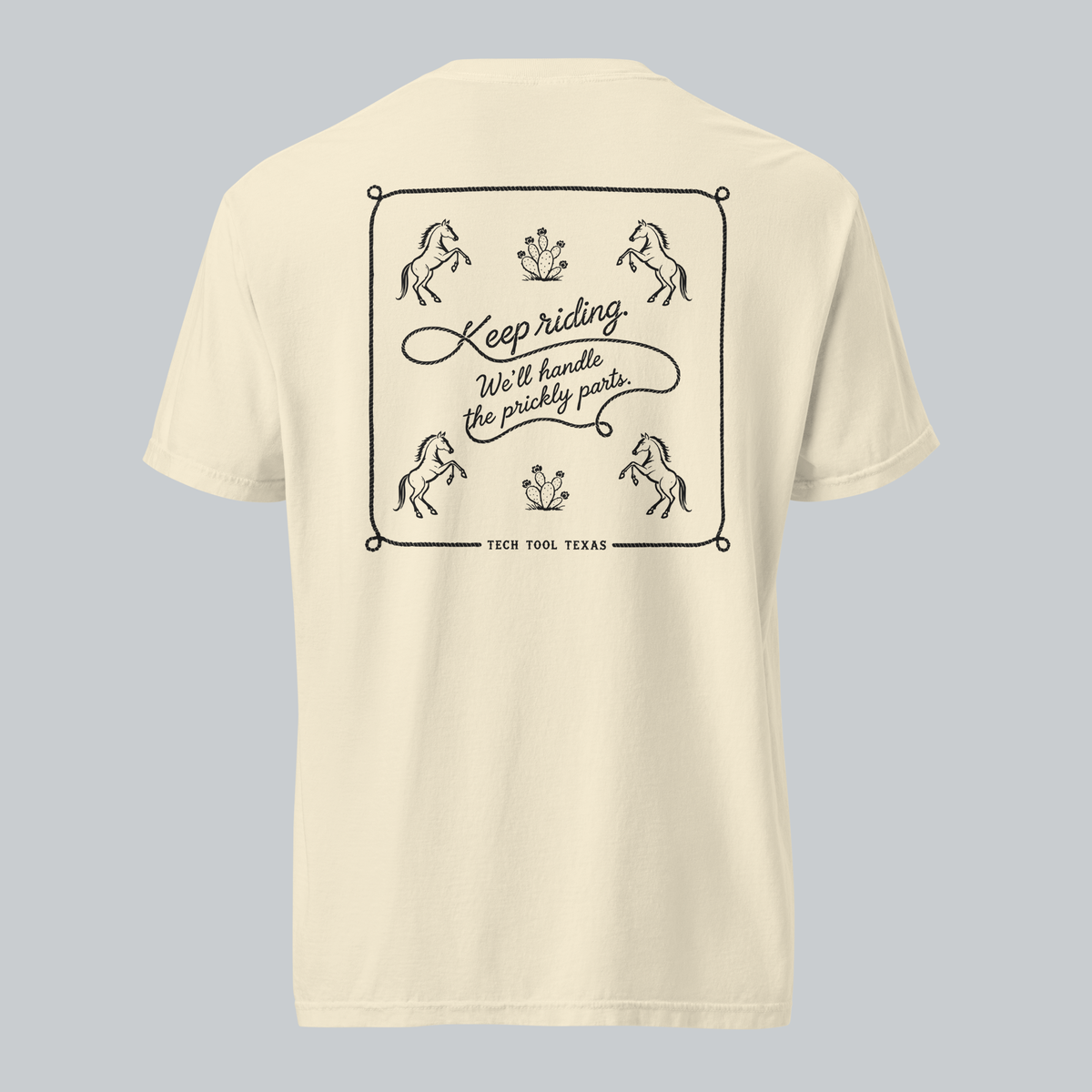Tech Tool Texas keep riding framed tee in ivory, full back view with approved original artwork | Color: Ivory
