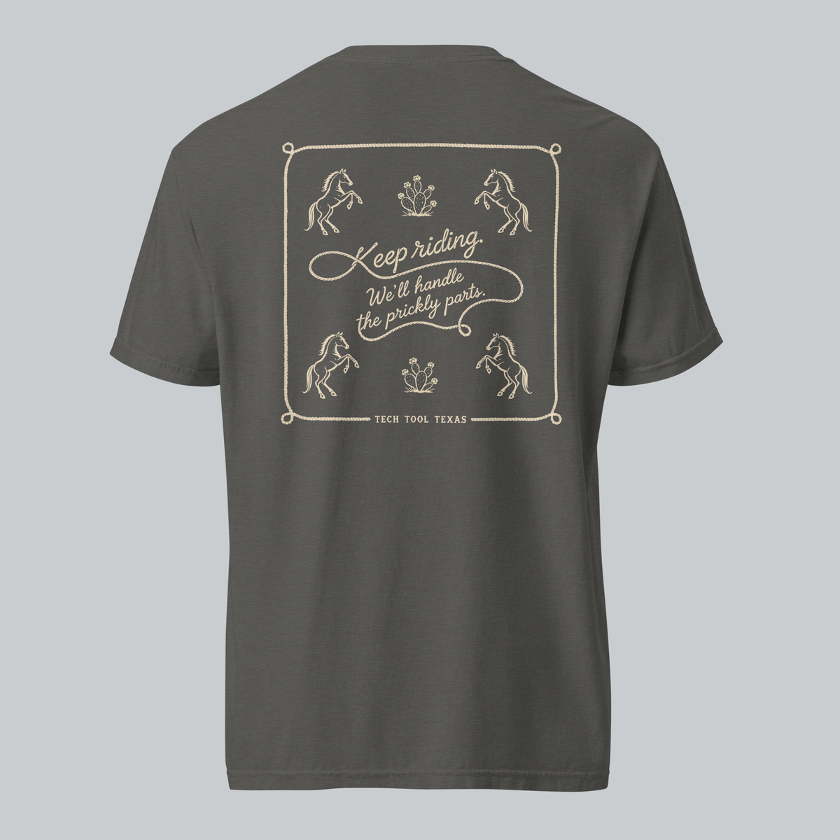 Tech Tool Texas keep riding framed tee in pepper, full back view with approved original artwork | Color: Pepper