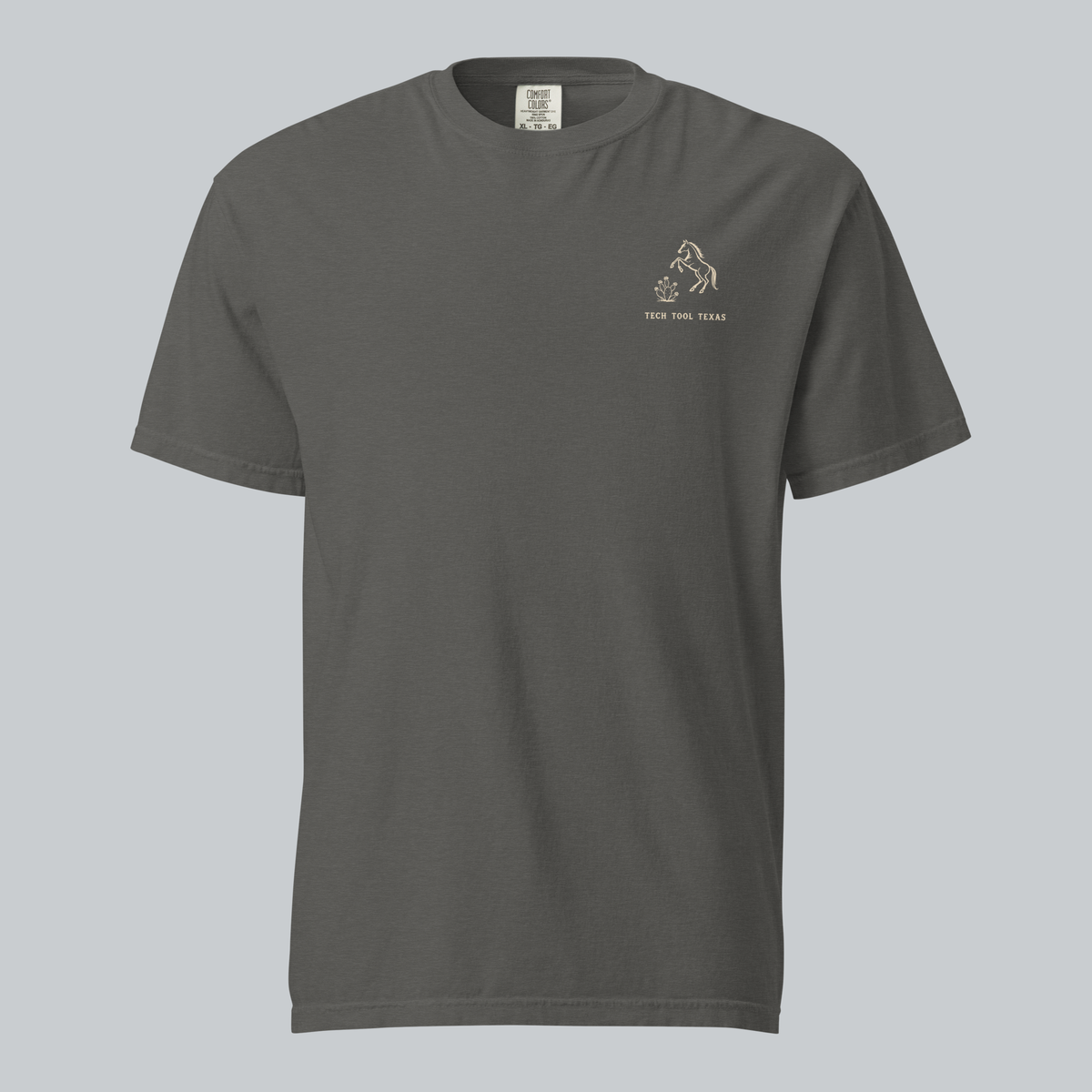 Tech Tool Texas keep riding framed tee in pepper, full front view with approved original artwork | Color: Pepper