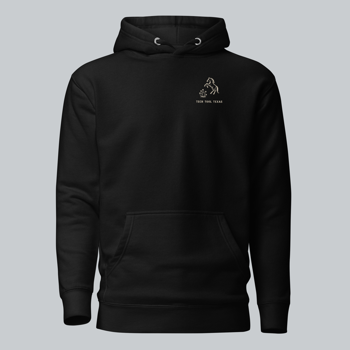 Tech Tool Texas keep riding hoodie in black, full front view with approved original artwork | Color: Black