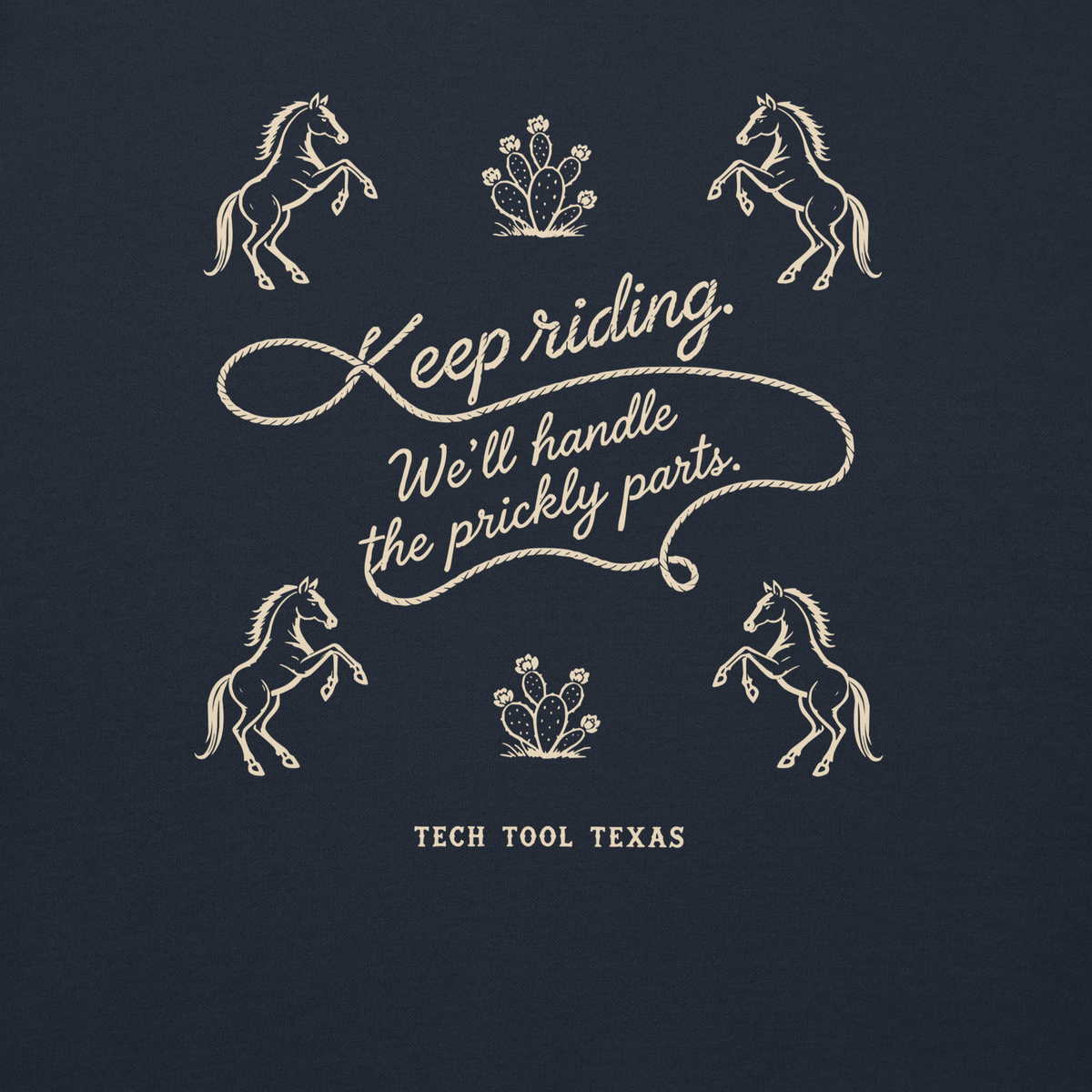 Tech Tool Texas Keep Riding hoodie in Navy Blazer, back print detail | Color: Navy