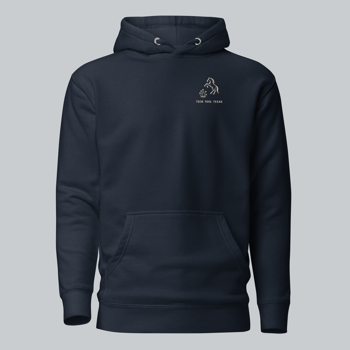 Tech Tool Texas keep riding hoodie in navy blazer, full front view with approved original artwork | Color: Navy