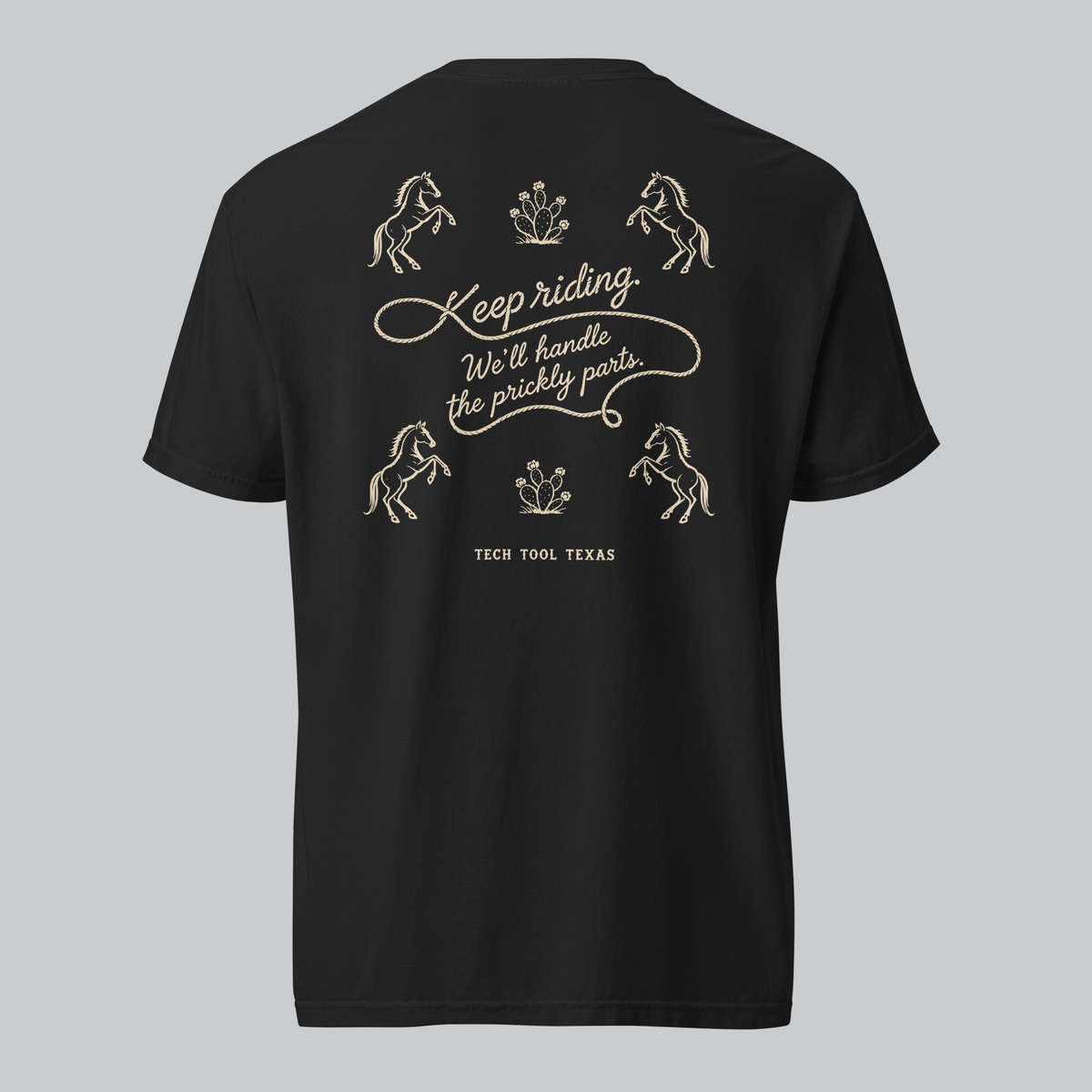 Tech Tool Texas keep riding open tee in black, full back view with approved original artwork | Color: Black
