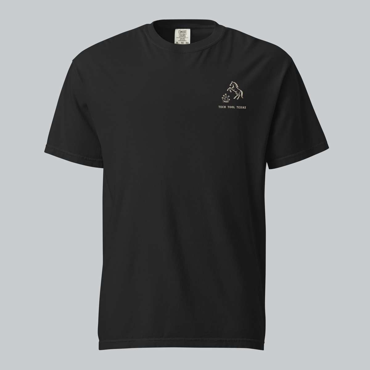 Tech Tool Texas keep riding open tee in black, full front view with approved original artwork | Color: Black