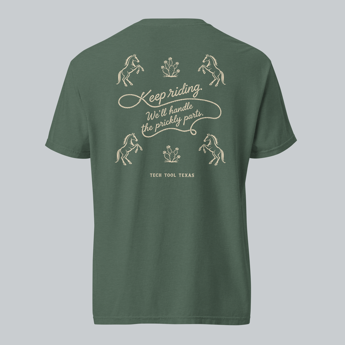 Tech Tool Texas keep riding open tee in blue spruce, full back view with approved original artwork | Color: Spruce