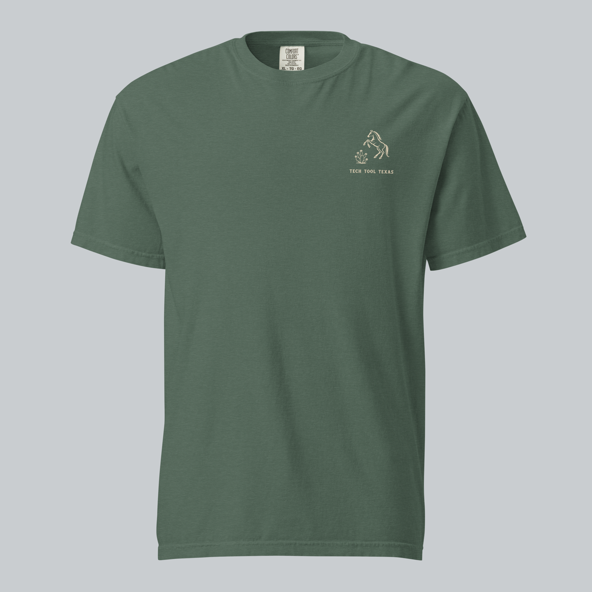 Tech Tool Texas keep riding open tee in blue spruce, full front view with approved original artwork | Color: Spruce