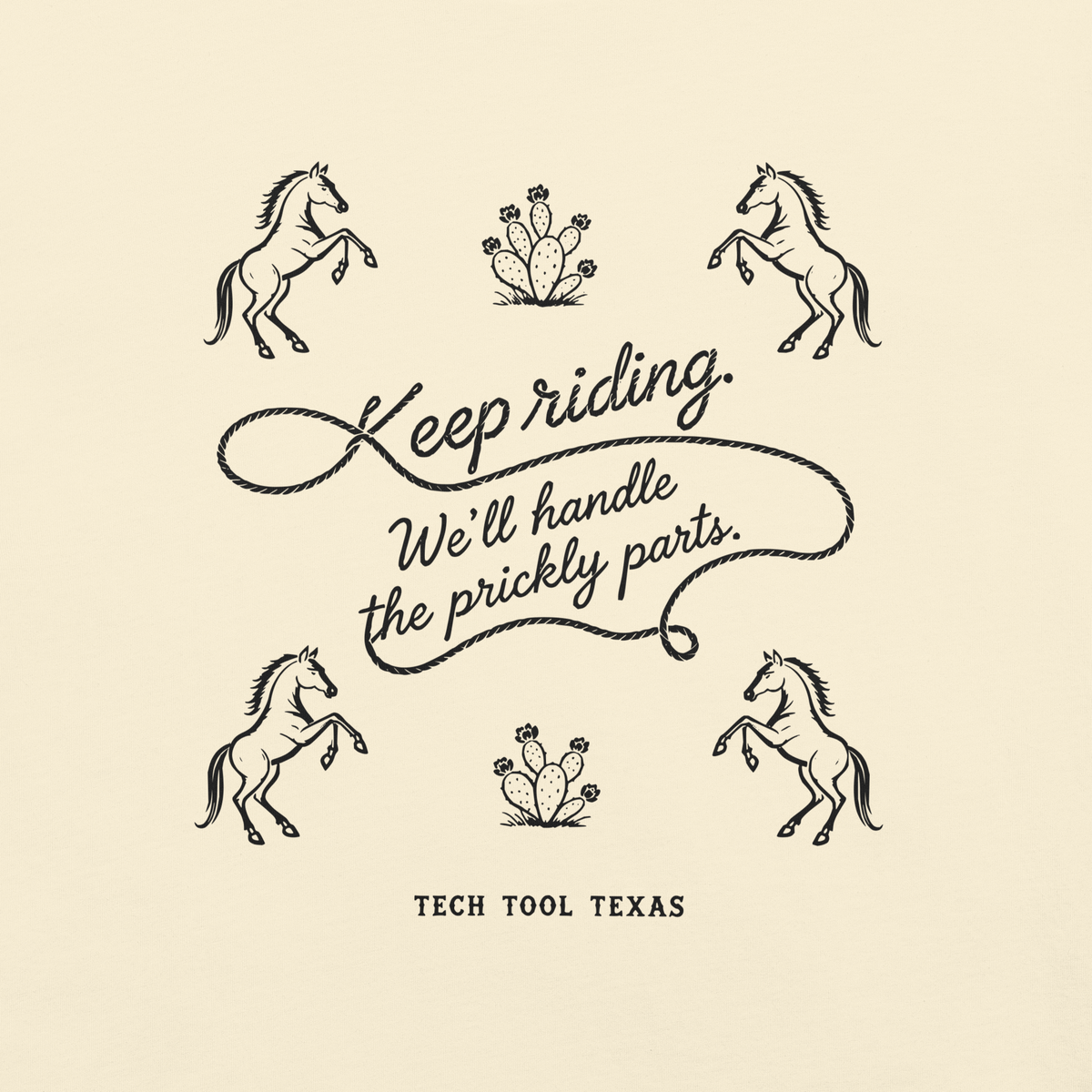 Tech Tool Texas Keep Riding Open Tee back print detail on Ivory cotton, complete original rope-script illustration | Color: Ivory