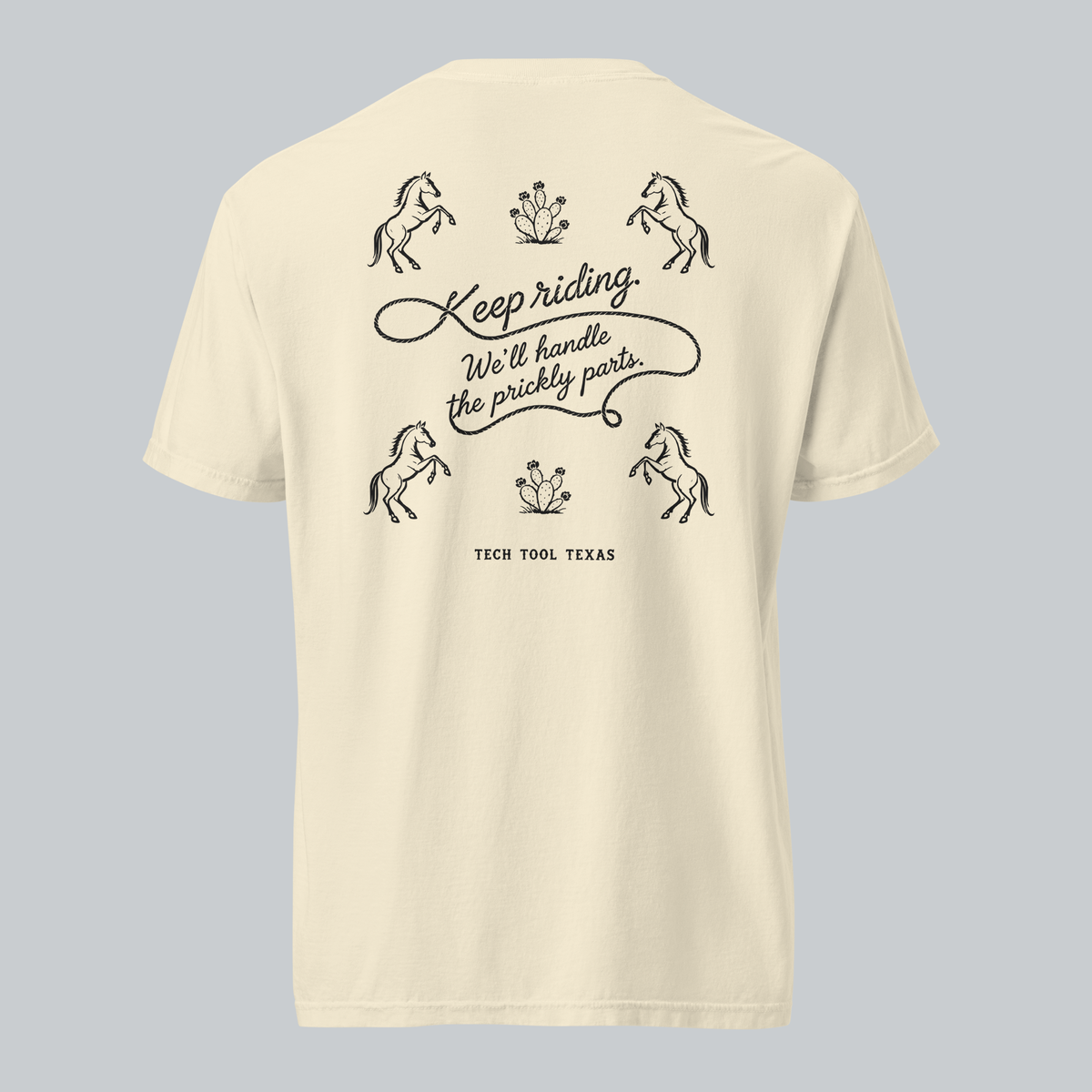 Tech Tool Texas keep riding open tee in ivory, full back view with approved original artwork | Color: Ivory