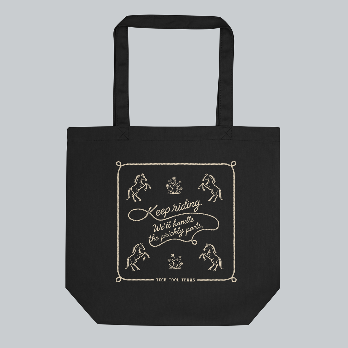 Tech Tool Texas Keep Riding organic cotton tote in Black, full front view | Color: Black