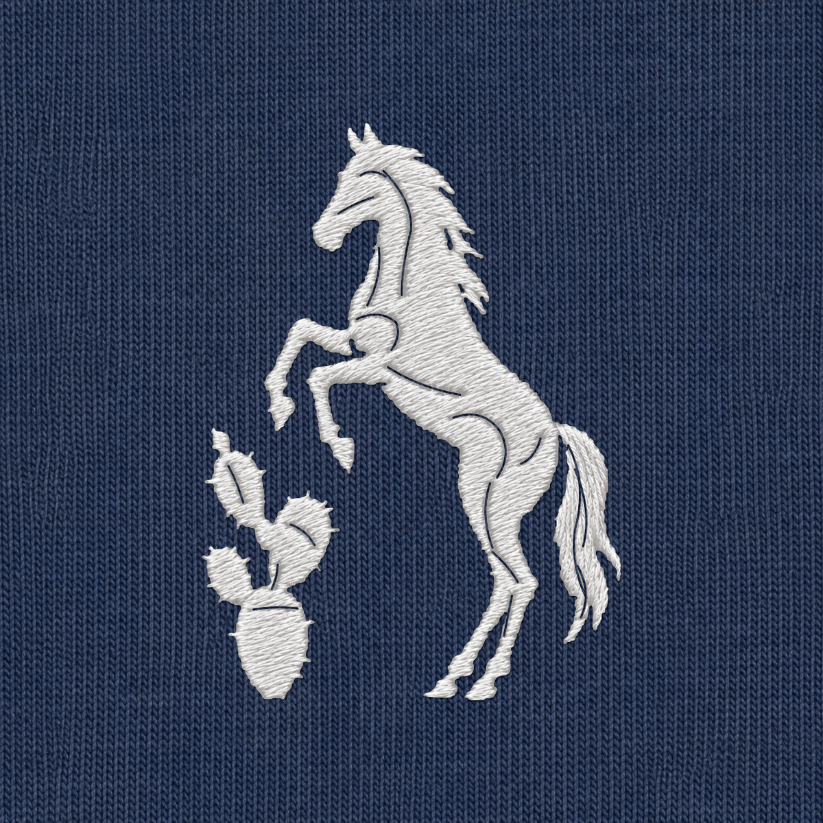 Tech Tool Texas embroidered tee in Navy, embroidery detail render of the white horse-and-cactus emblem on cotton jersey | Color: Navy