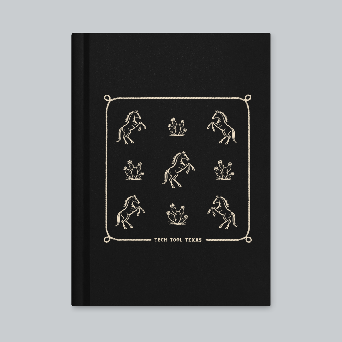 Tech Tool Texas Trail Journal, black matte front cover with original rope-framed horse-and-cactus pattern | Color: Black