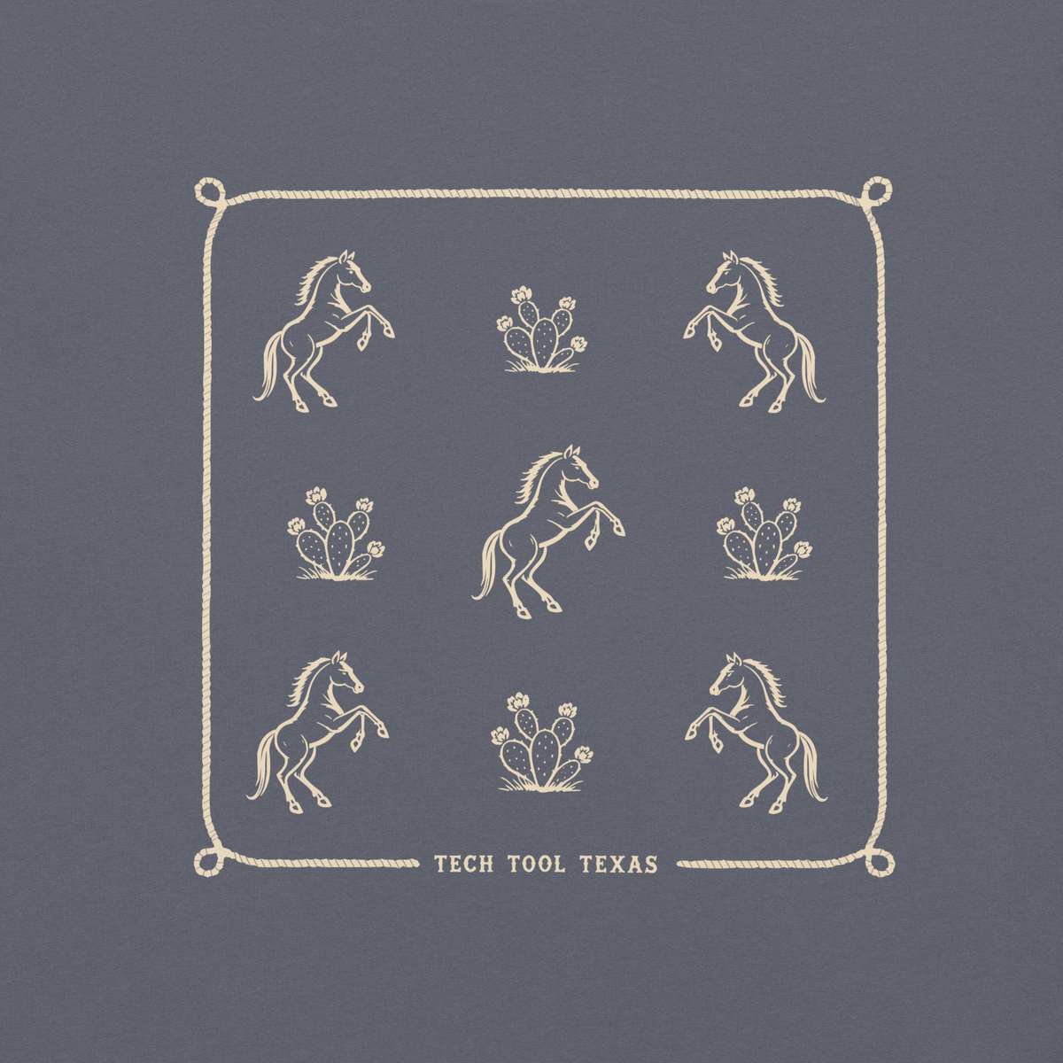 Tech Tool Texas Trail Pattern back print detail on Denim cotton, complete original rope frame | Color: Denim