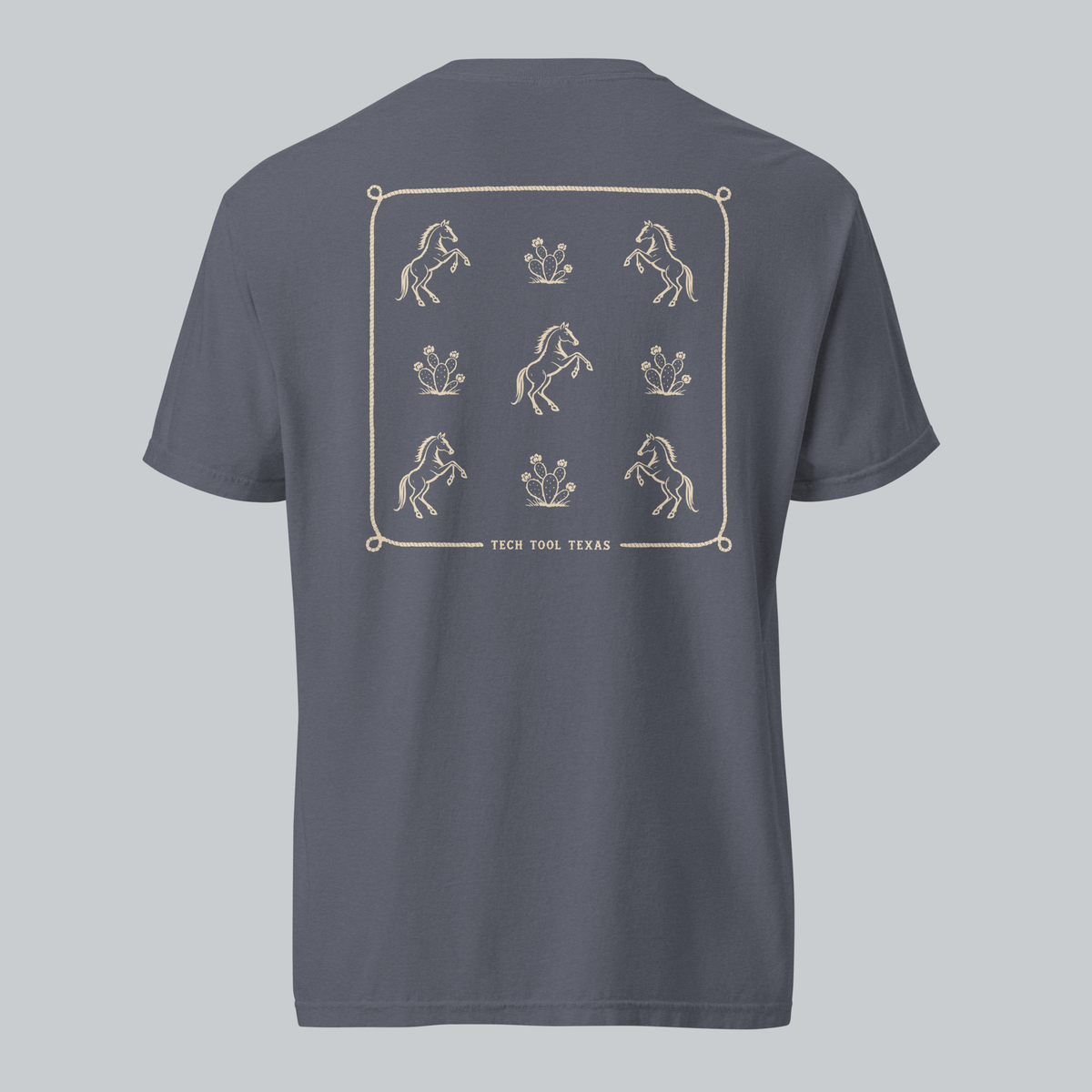 Tech Tool Texas trail pattern tee in denim, full back view with approved original artwork | Color: Denim