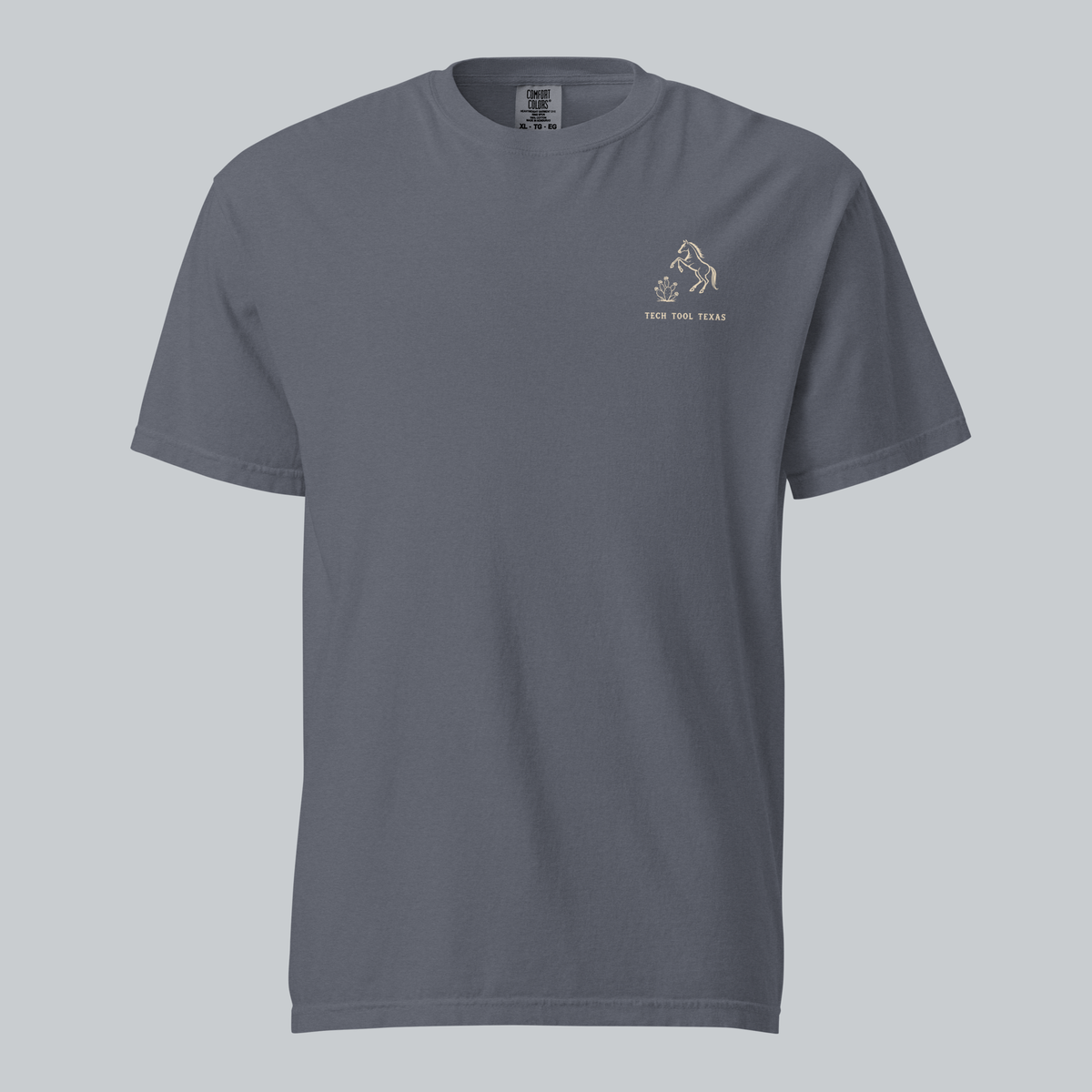 Tech Tool Texas trail pattern tee in denim, full front view with approved original artwork | Color: Denim