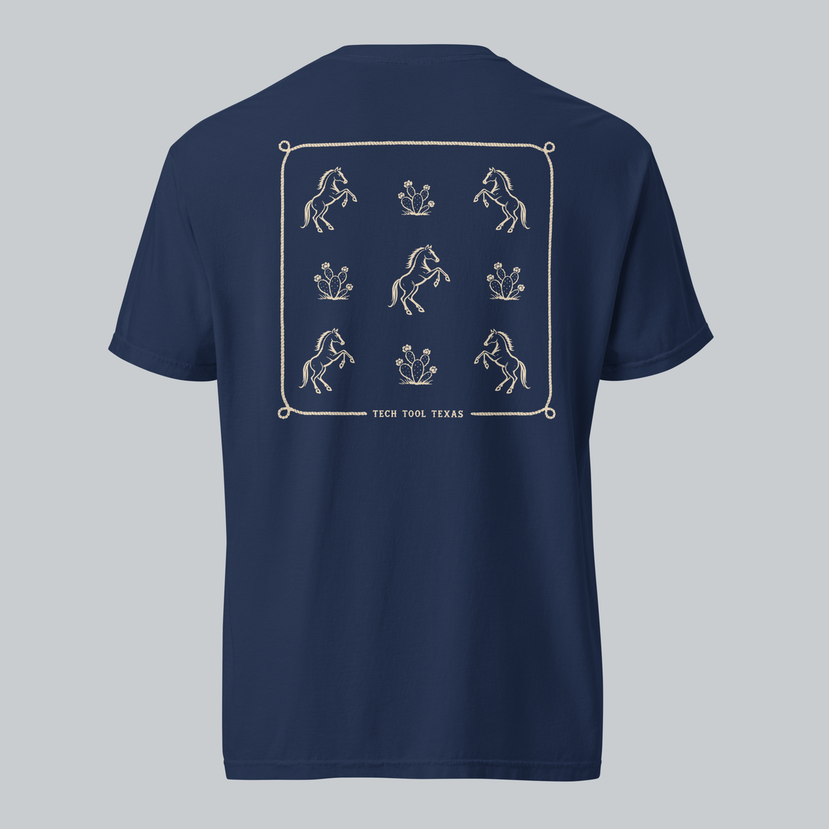 Tech Tool Texas trail pattern tee in true navy, full back view with approved original artwork | Color: Navy