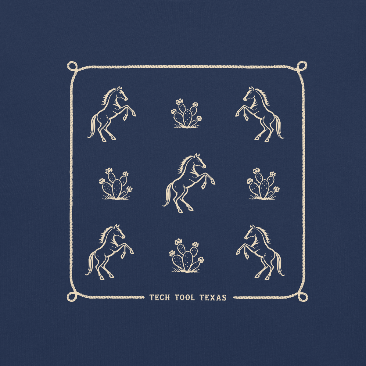 Tech Tool Texas Trail Pattern back print detail on True Navy cotton, complete original rope frame | Color: Navy
