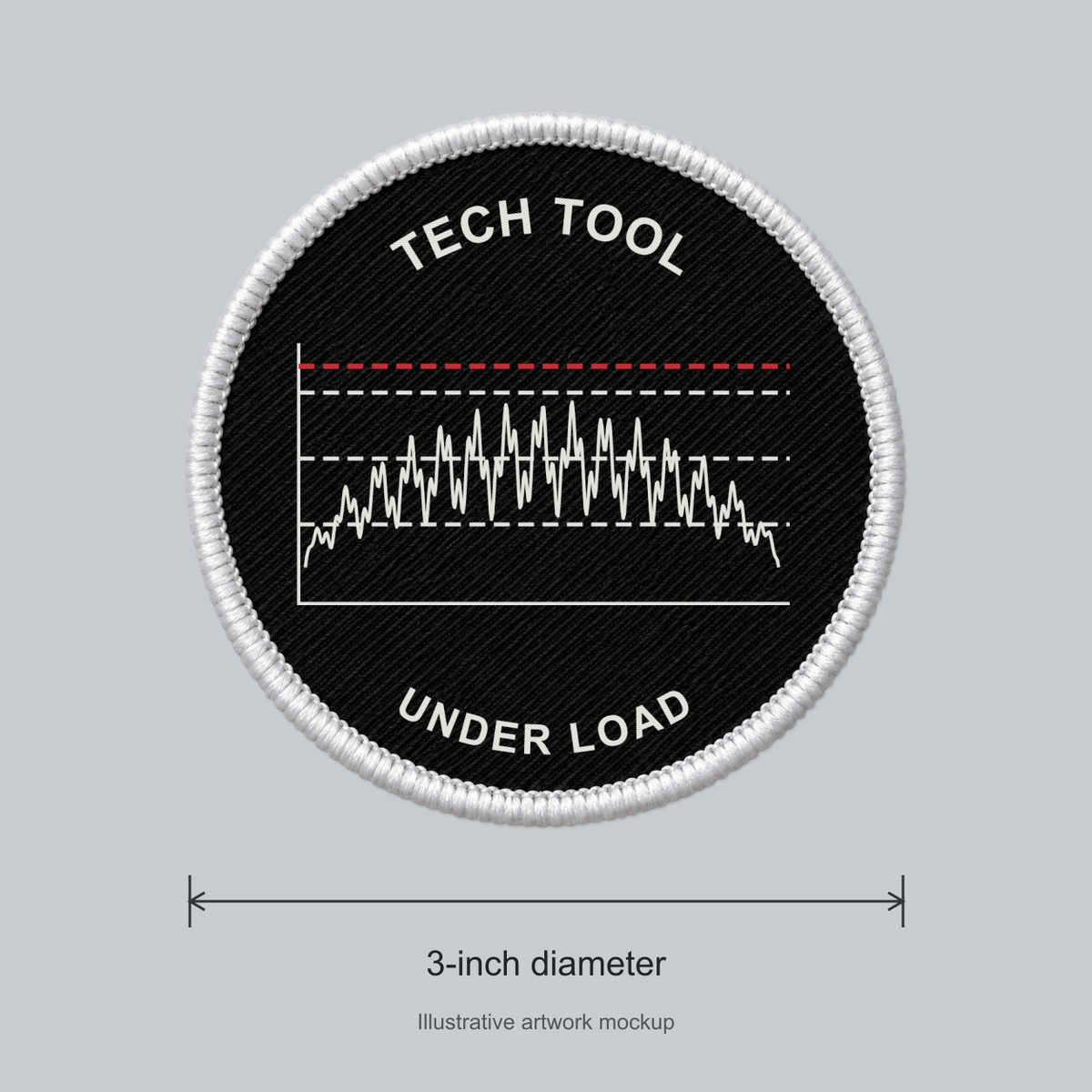Tech Tool Under Load 3-inch circular embroidered patch, size guide showing 3-inch diameter | Design: Under Load