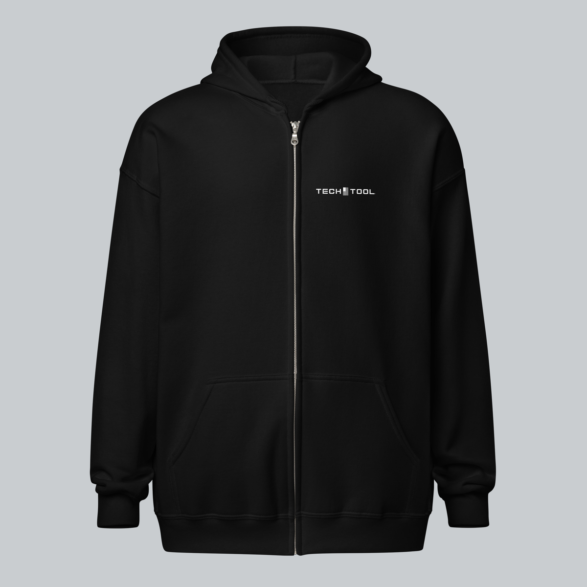 Tech Tool Unisex Core Zip Hoodie in Black, full front view with white left breast logo | Color: Black