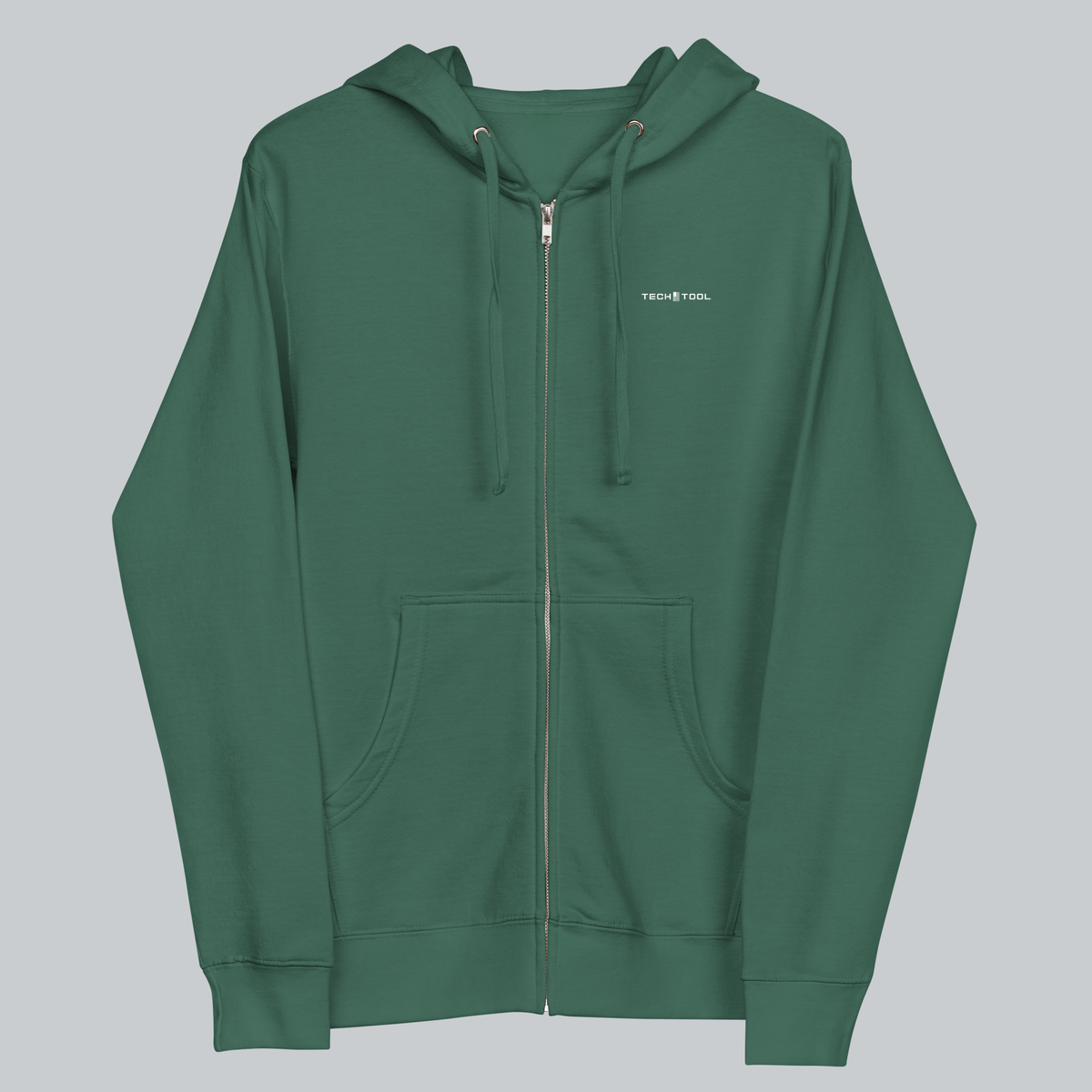 Tech Tool Unisex Signature Zip Hoodie in Alpine Green, full front view with hood down | Color: Alpine Green