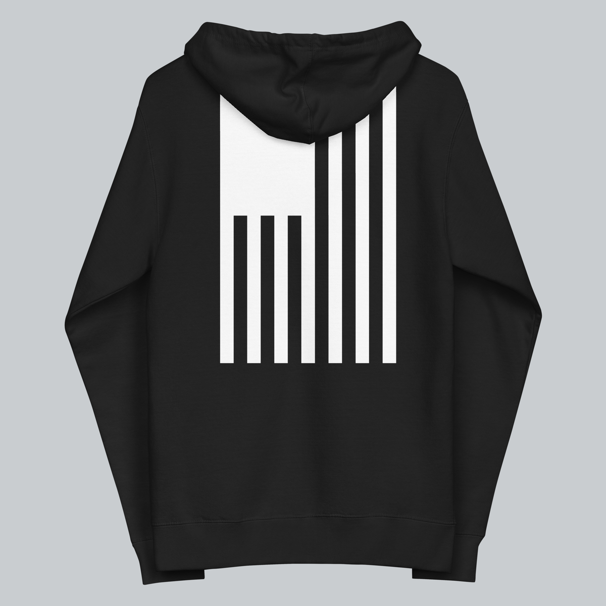 Tech Tool Unisex Signature Zip Hoodie in Black, full back view with hood down and lowered signature flag | Color: Black