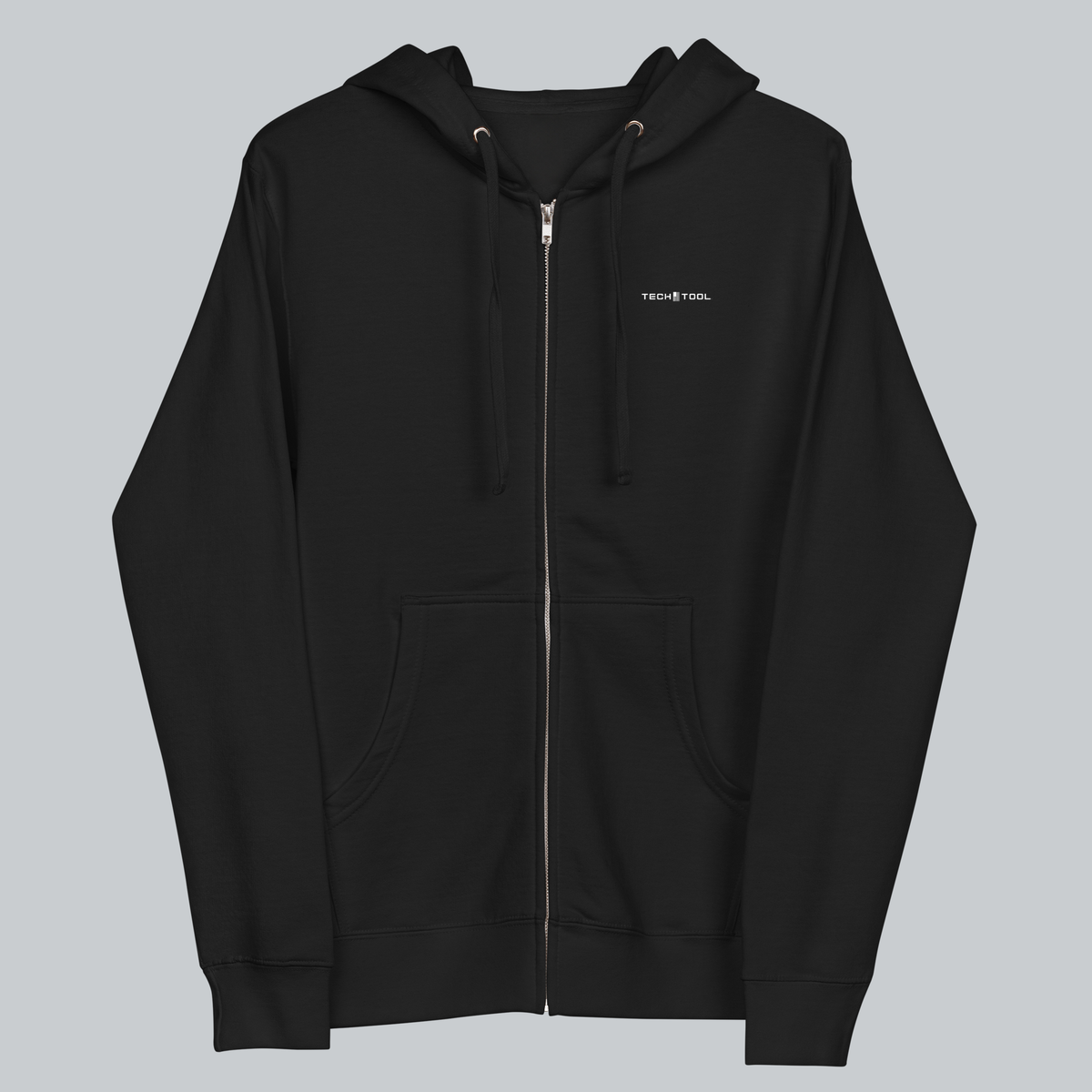 Tech Tool Unisex Signature Zip Hoodie in Black, full front view with hood down | Color: Black
