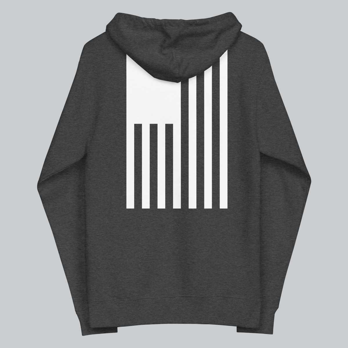 Tech Tool Unisex Signature Zip Hoodie in Charcoal Heather, full back view with hood down and lowered signature flag | Color: Charcoal Heather