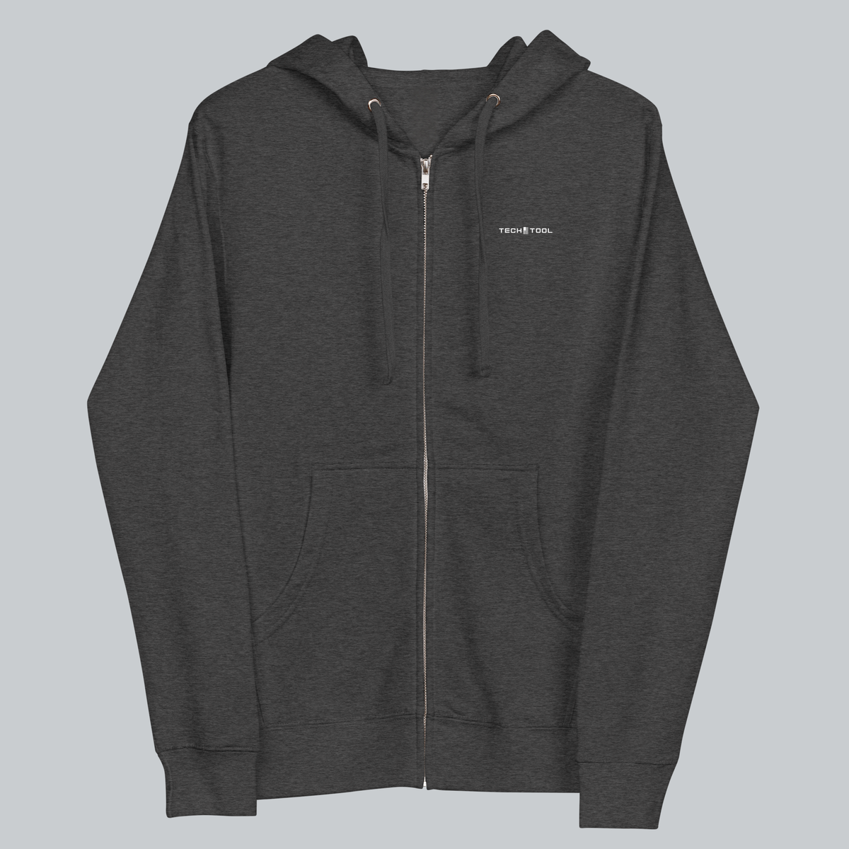 Tech Tool Unisex Signature Zip Hoodie in Charcoal Heather, full front view with hood down | Color: Charcoal Heather