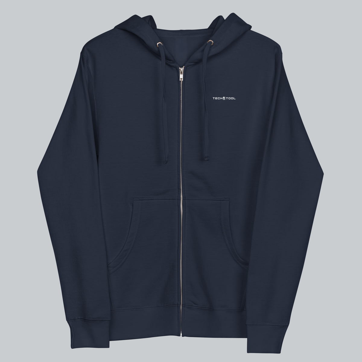 Tech Tool Unisex Signature Zip Hoodie in Classic Navy, full front view with hood down | Color: Classic Navy