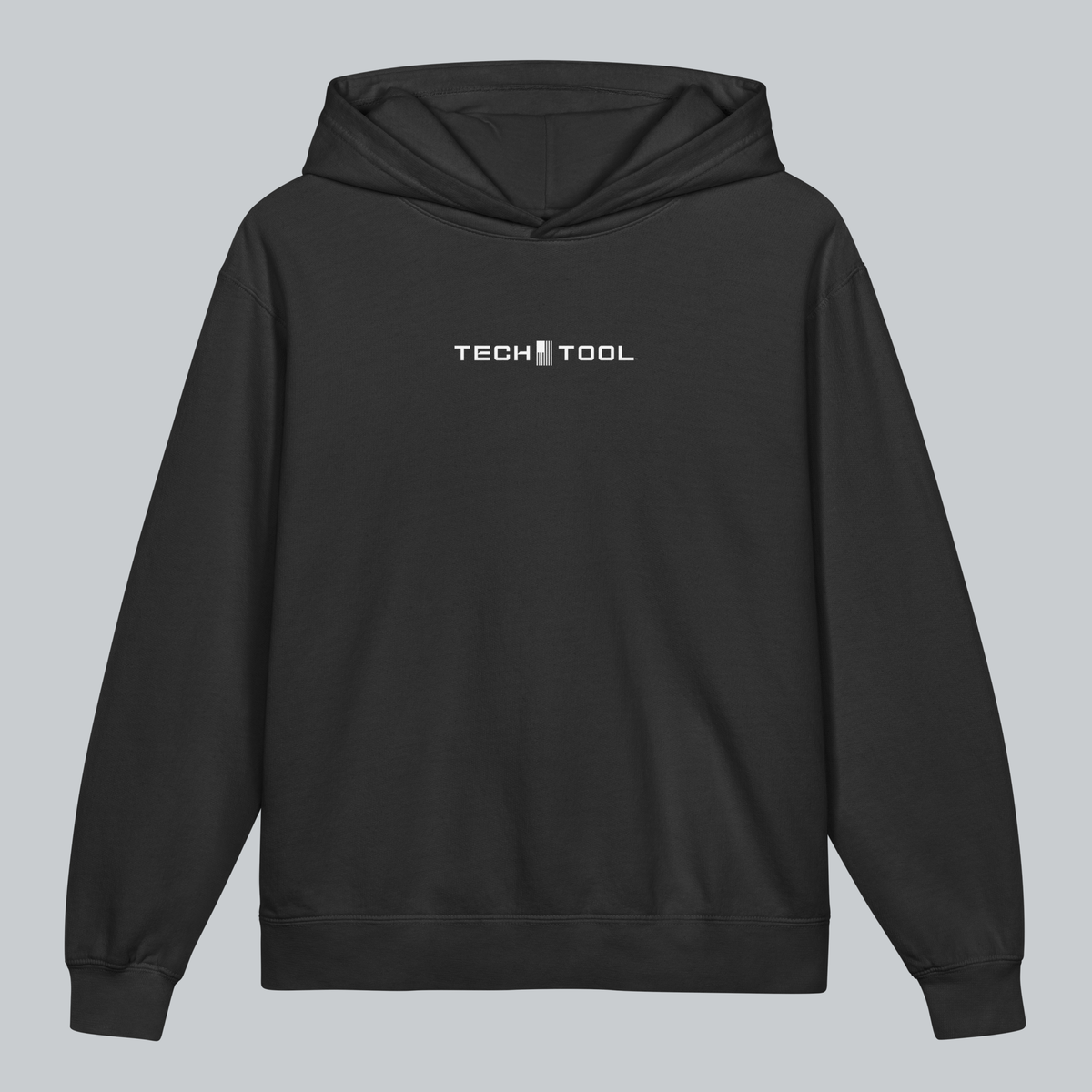 Tech Tool Unisex Youth Core Hoodie in Black, front view with contrasting Tech Tool print | Color: Black