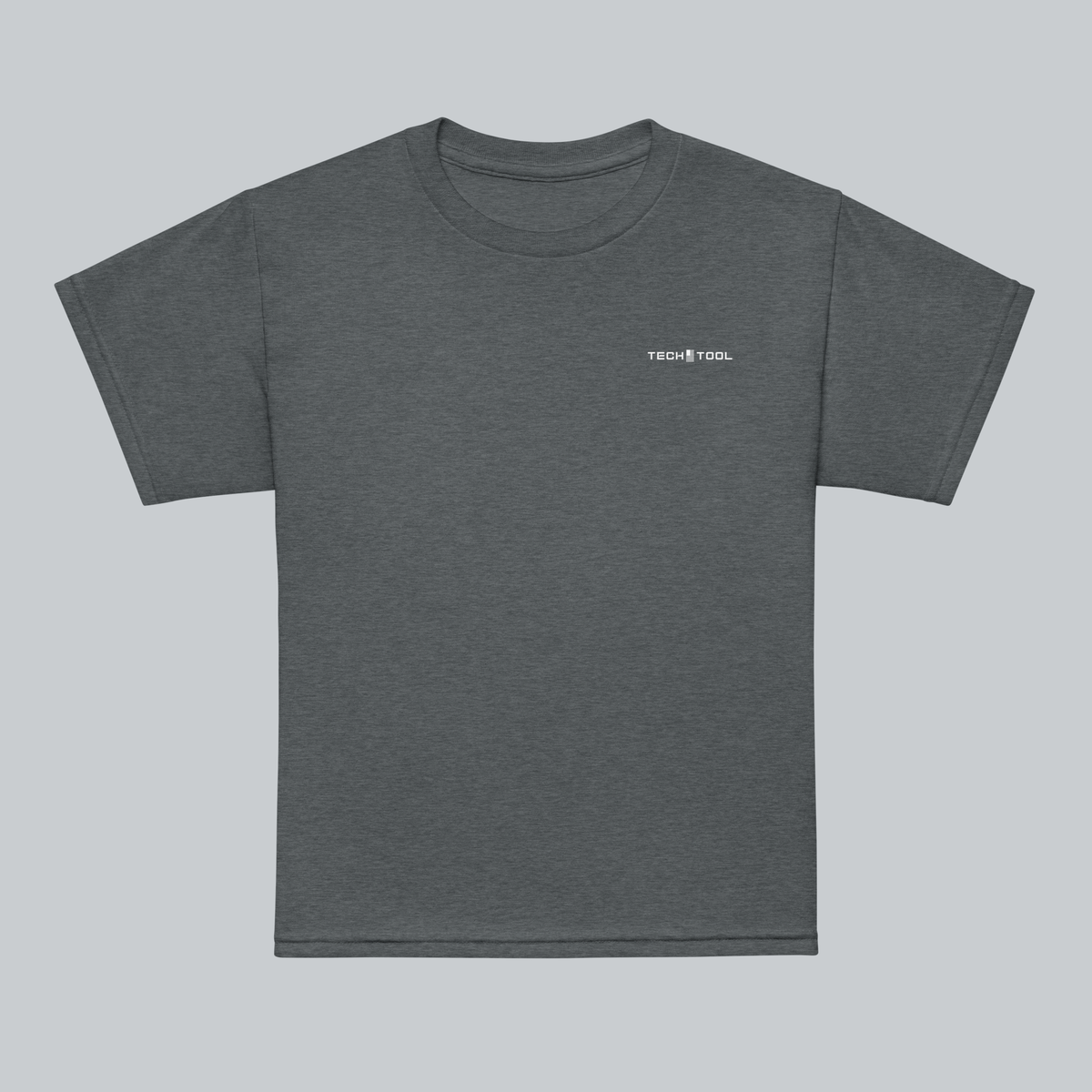 Tech Tool Unisex Youth Core T-Shirt in Dark Heather, front view with contrasting Tech Tool print | Color: Dark Heather