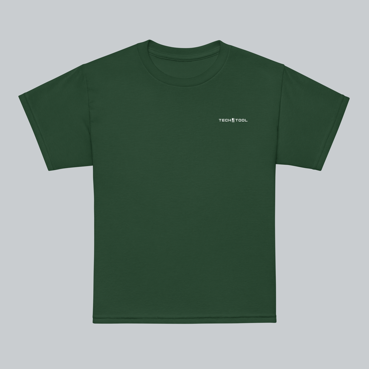 Tech Tool Unisex Youth Core T-Shirt in Forest Green, front view with contrasting Tech Tool print | Color: Forest Green