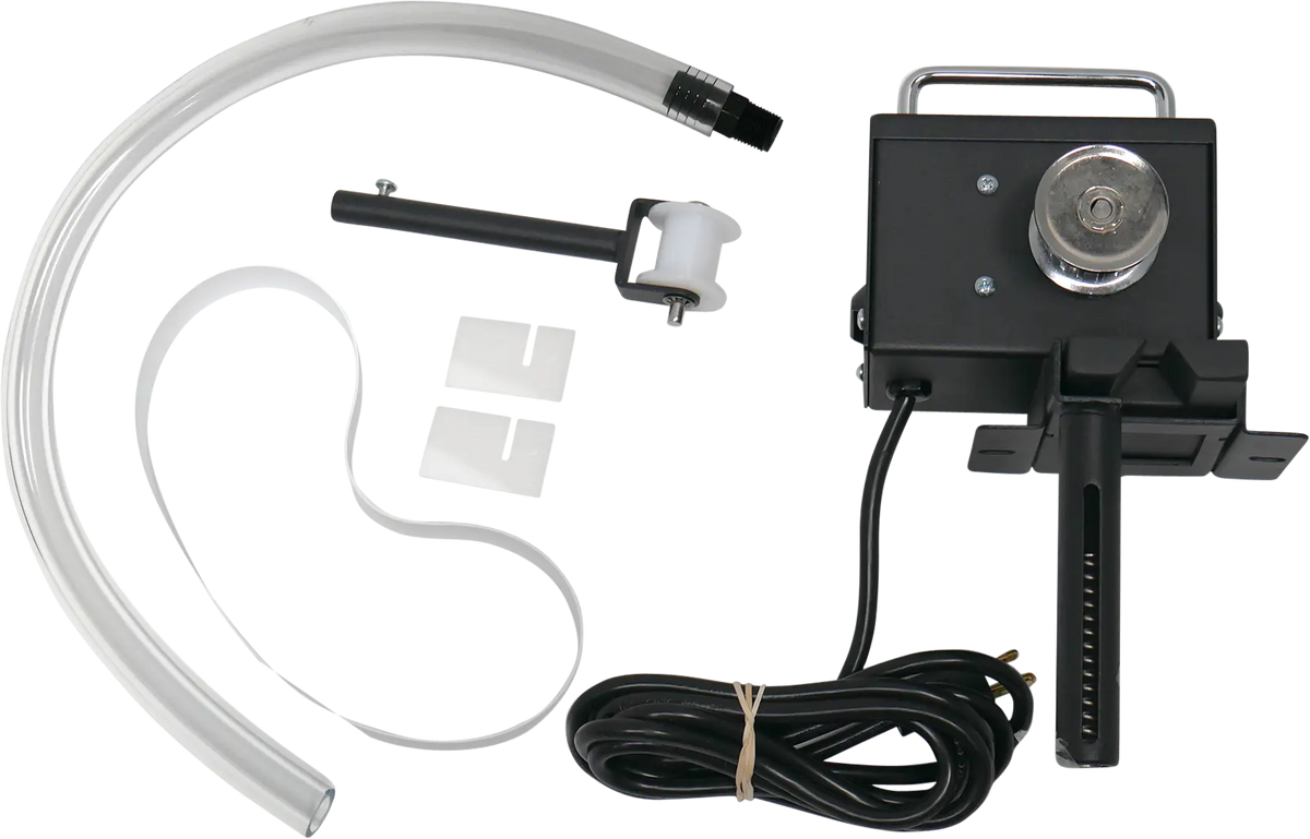 Zebra belt oil skimmer with control unit and collection tubing.