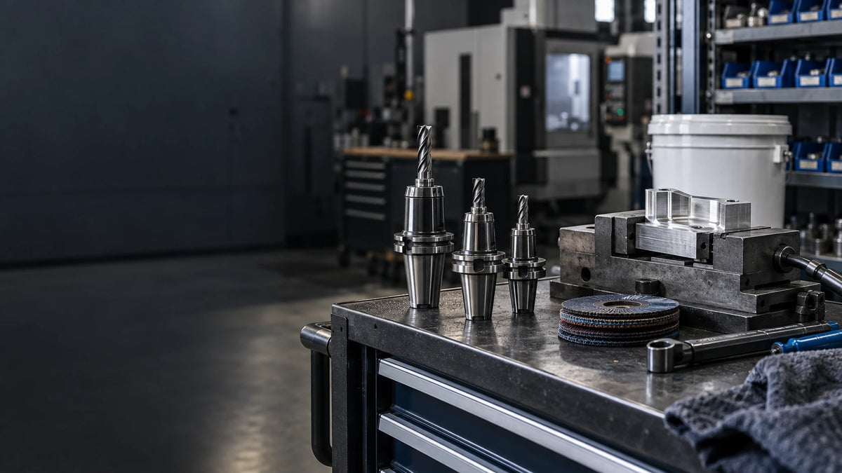 Precision cutting tools, workholding, abrasives and metalworking fluid in an organized manufacturing workspace