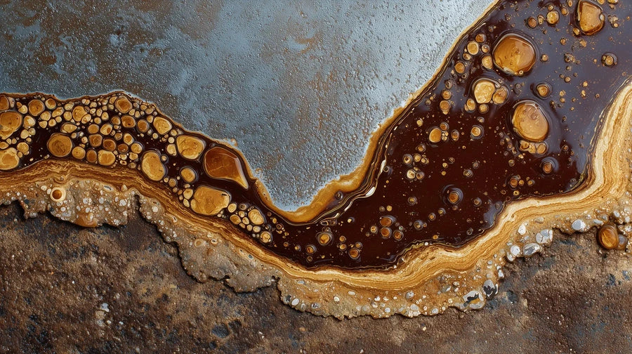 Tech Tool guide to coolant residue and buildup showing sticky film and sludge layers in CNC coolant, how Oemeta system cleaning restores clean stable sump performance