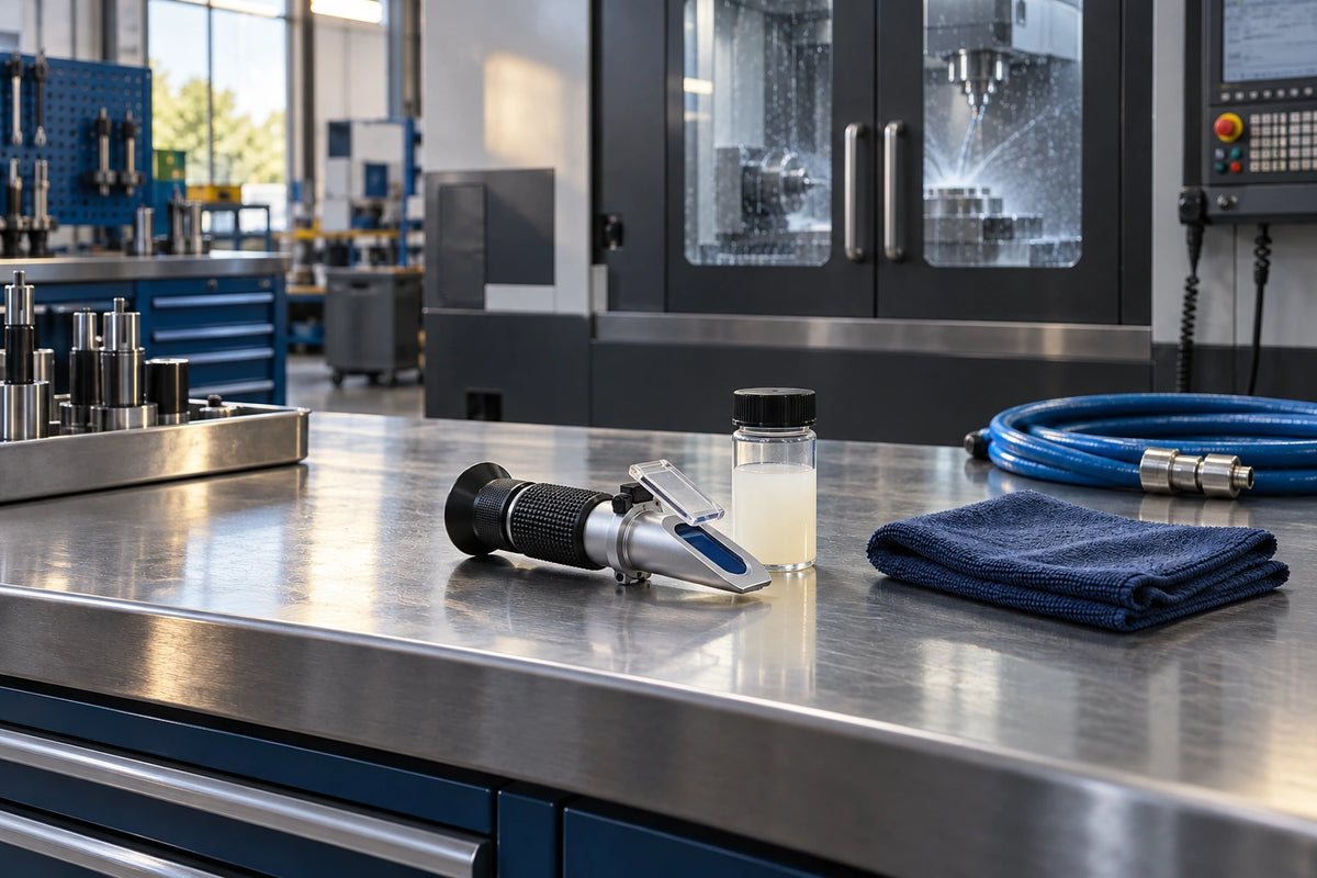Oemeta coolant maintenance refractometer on a clean blue surface showing precision testing equipment used to balance coolant keep machines clean and maintain peak process performance