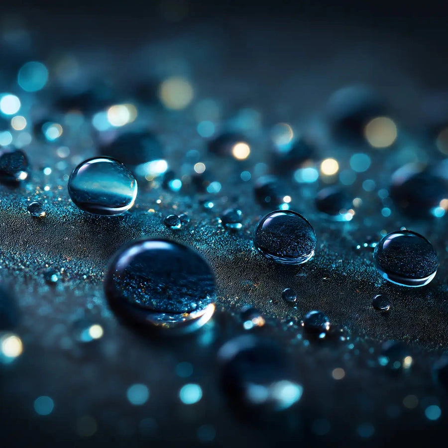 Oemeta Frigomet droplets on metal surface showing transparent oil free coolant that improves flushing wetting and clean machining performance