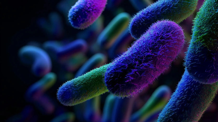 Tech Tool and Oemeta colorful microscopic view of bacteria on a dark background