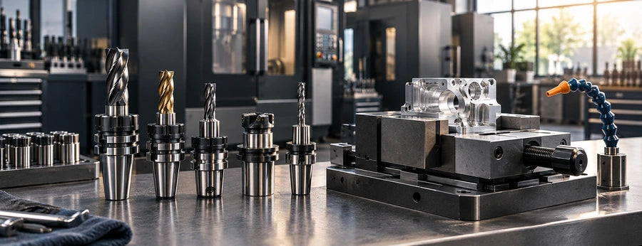 Illustrative CNC workshop tooling bench with carbide cutting tools, toolholders and precision workholding.