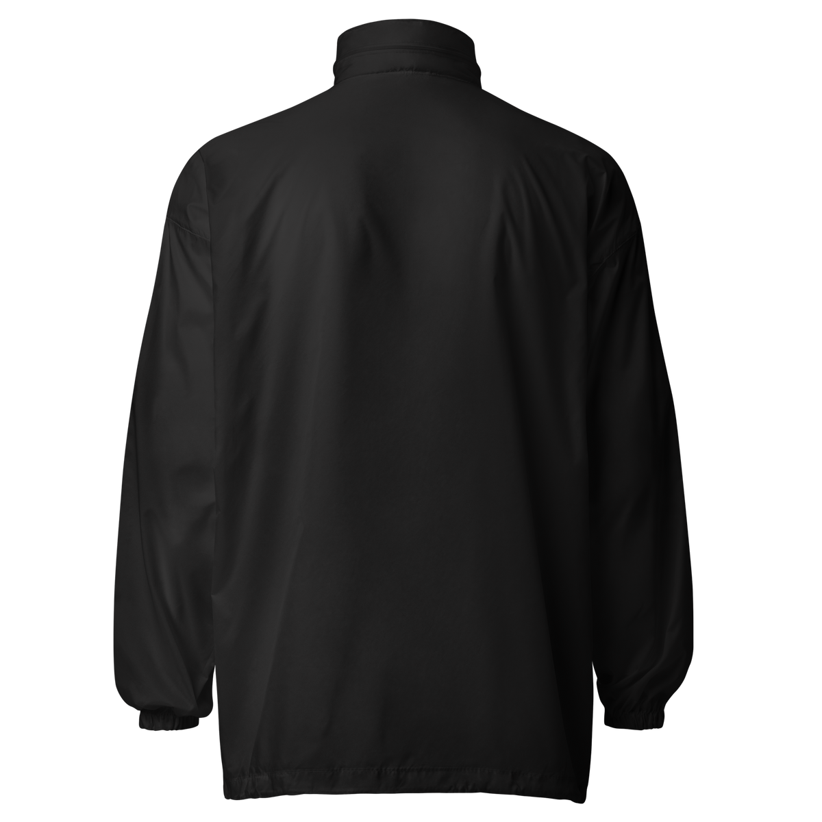 Tech Tool Unisex Core Windbreaker, back view with hood and elastic hem | Color: Black