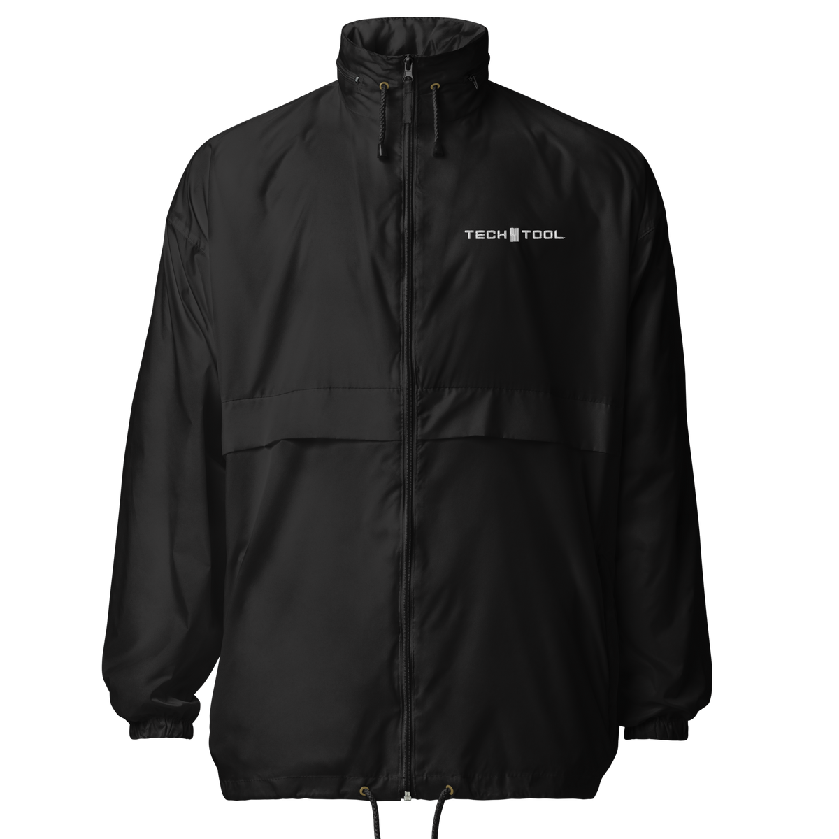 Tech Tool Unisex Core Windbreaker, front view with white embroidered left-chest logo | Color: Black