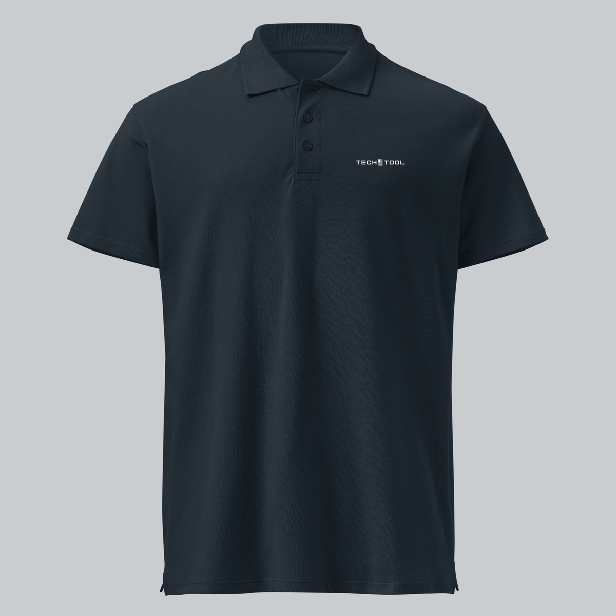 Tech Tool Unisex Core Piqué Polo, front view showing the Tech Tool left-chest logo, ribbed collar and three-button placket | Color: Navy