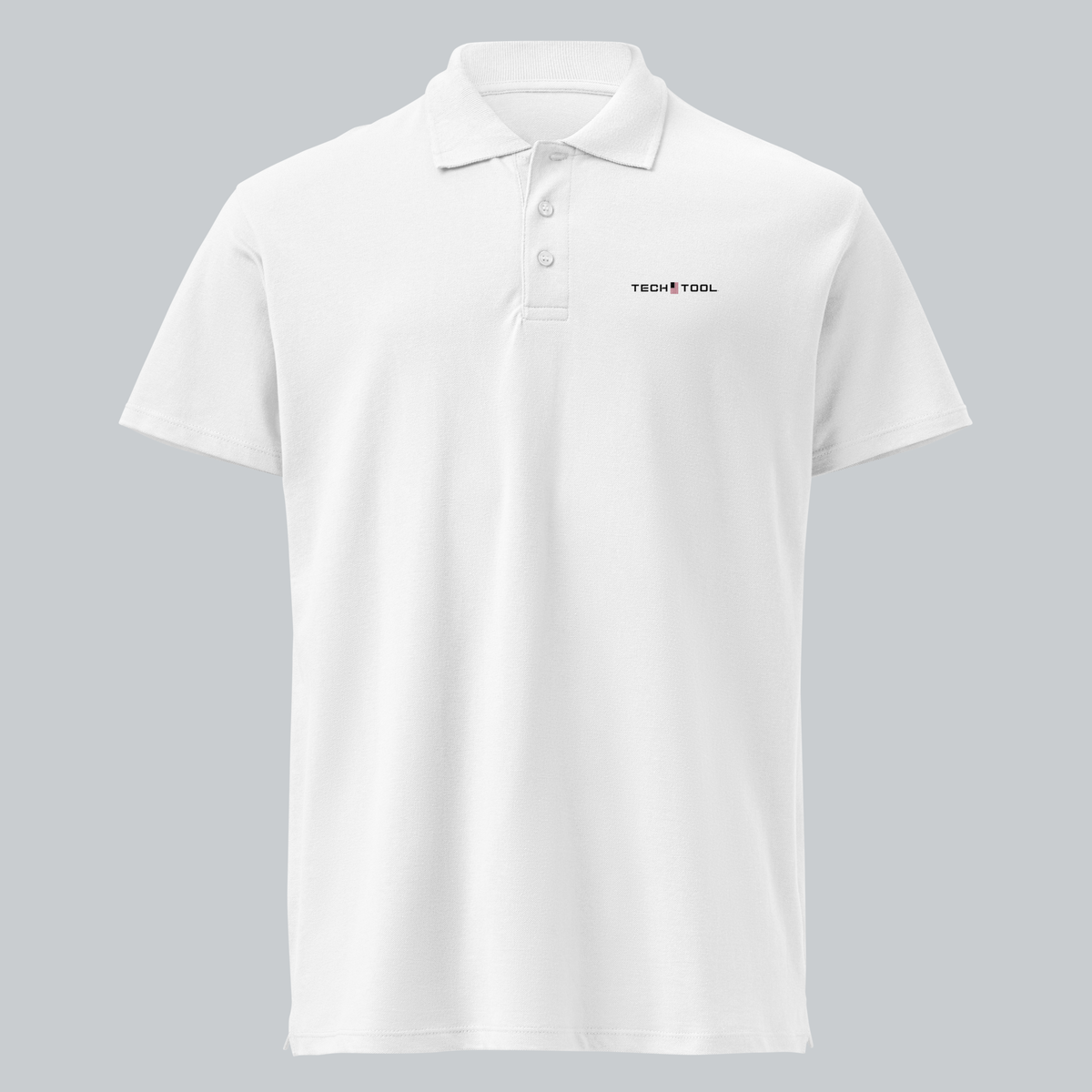 Tech Tool Unisex Core Piqué Polo, front view showing the Tech Tool left-chest logo, ribbed collar and three-button placket | Color: White