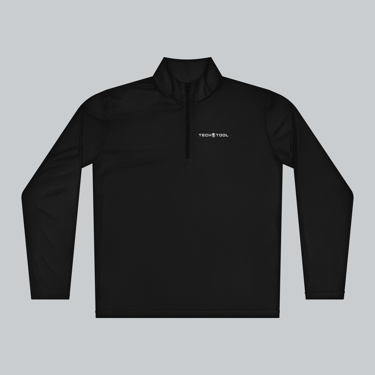 Tech Tool Unisex Core Quarter-Zip Pullover, front view showing the Tech Tool left-chest logo, cadet collar and quarter zipper | Color: Black