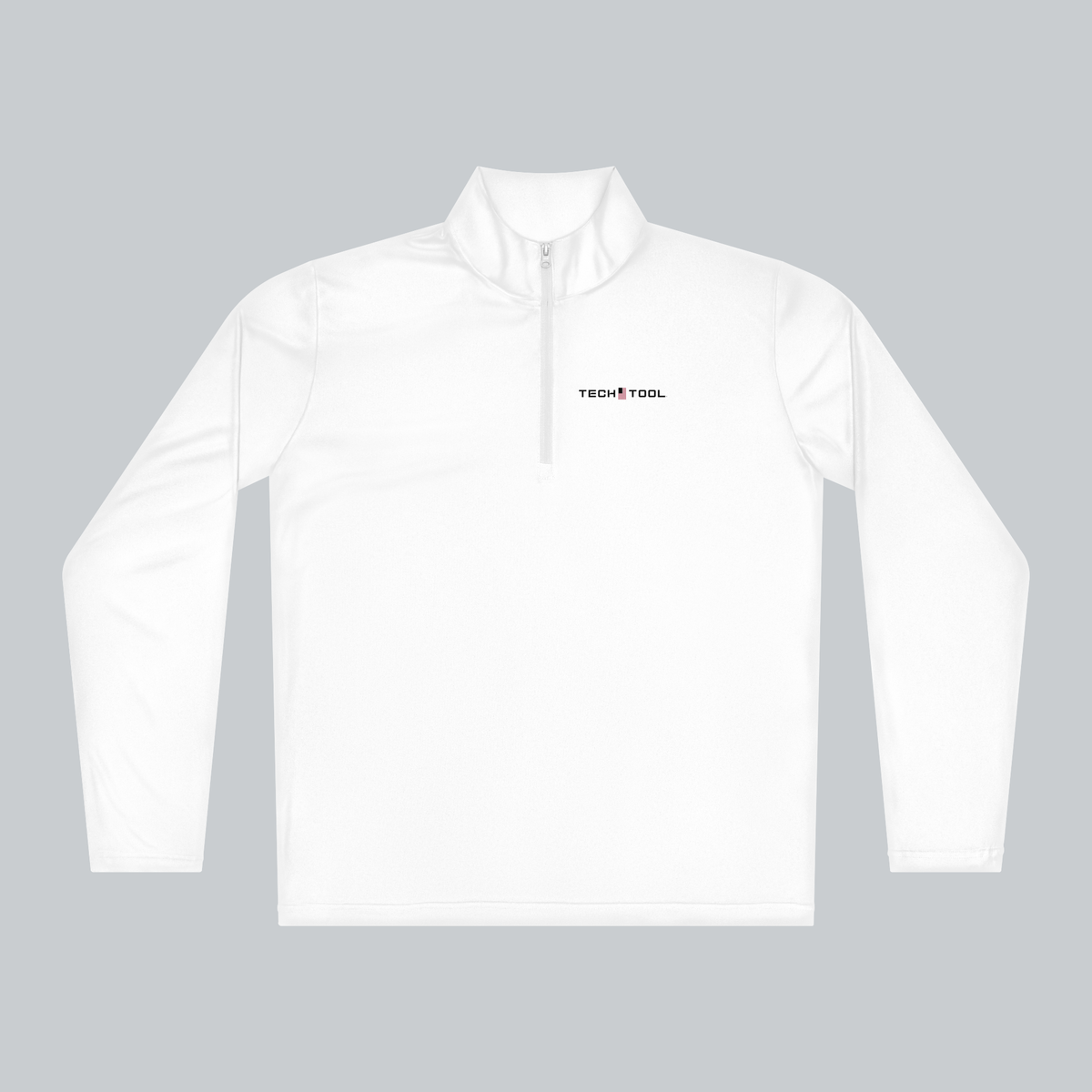 Tech Tool Unisex Core Quarter-Zip Pullover, front view showing the Tech Tool left-chest logo, cadet collar and quarter zipper | Color: White