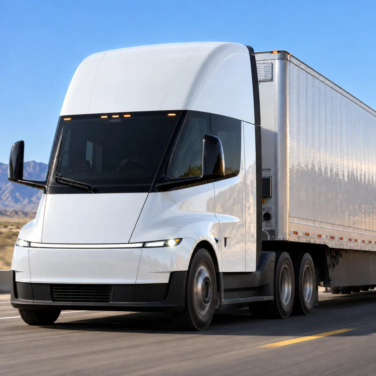 White electric semi truck hauling a silver trailer along an American highway.